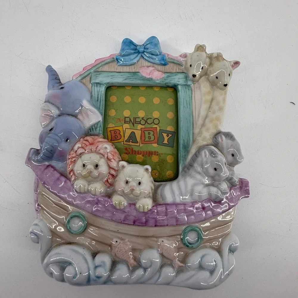 Enesco Baby Shoppe Noahs Ark Ceramic Photo‎ Frame Pastel Animals Nursery Decor
